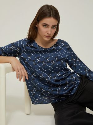 Navy Printed Satin Feel Top for Women – 3/4 Sleeve, Relaxed Fit