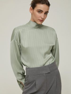 Sage Green Pleated High Neck Top for Women – Long Sleeve