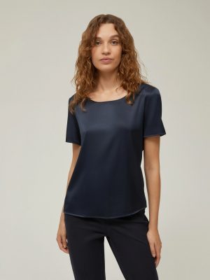 Solid Navy Satin Feel Top for Women – Short Sleeve, Relaxed Fit